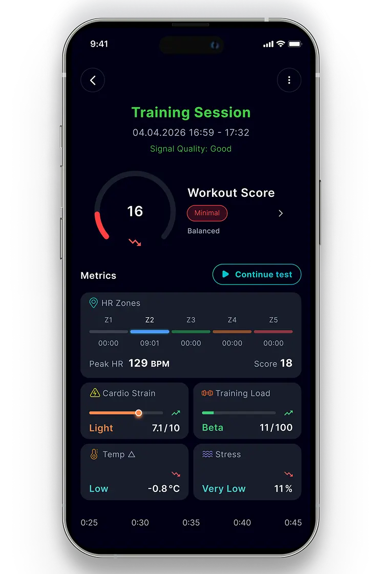 Training Session result screen in the COR5 app