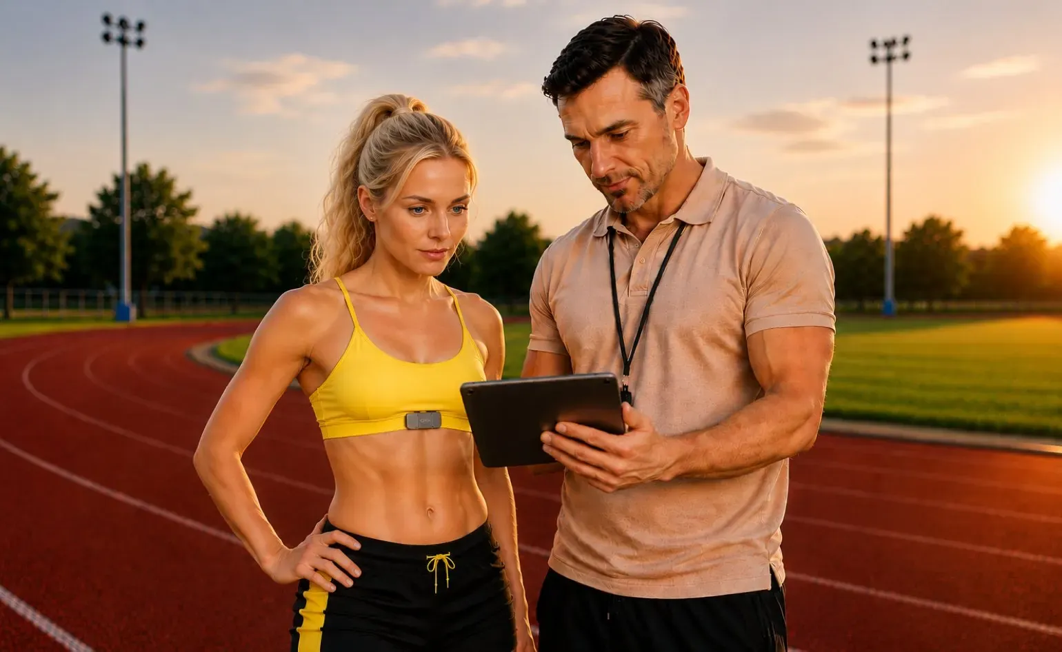 Coach and athlete reviewing a performance report on a running track