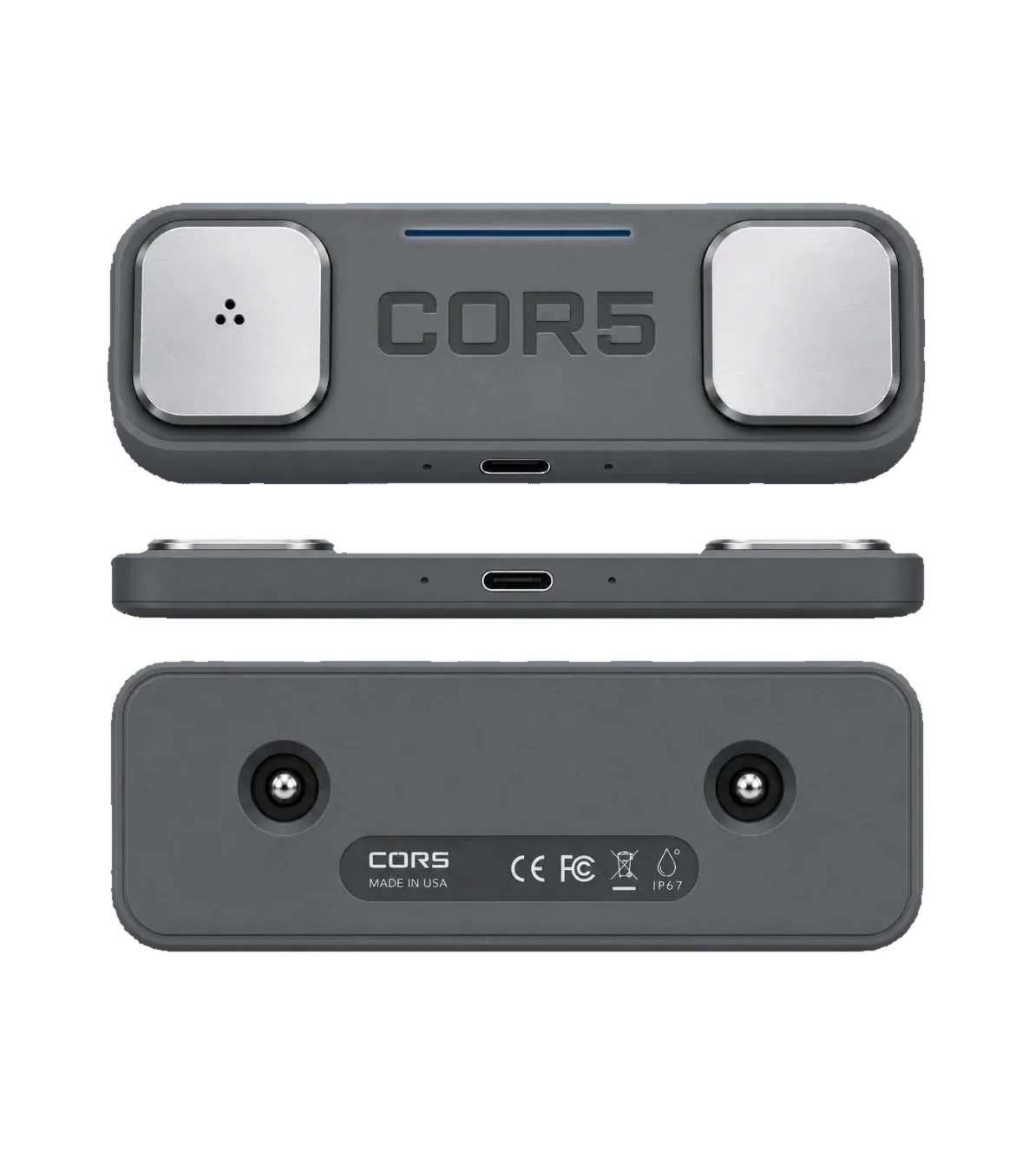 COR5 device — top, side and underside views