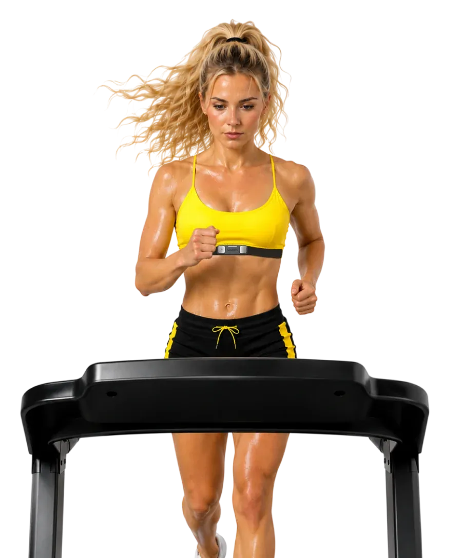 Athlete running on a treadmill wearing the COR5 chest strap